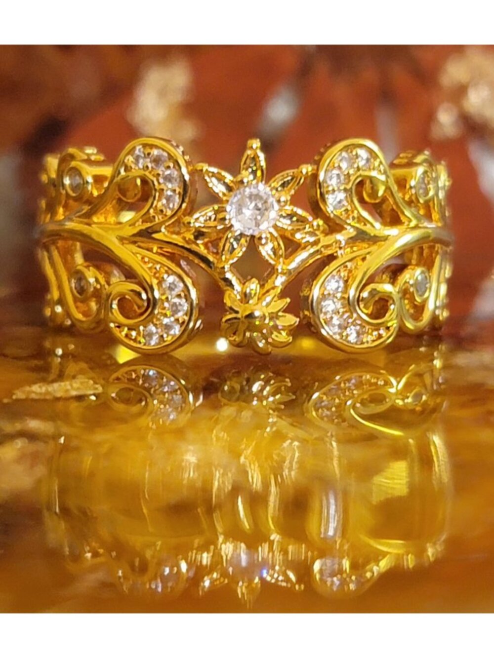 14K Gold Plated S925 Floral Filigree CZ Ring Size 10 NWT